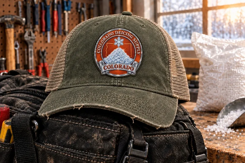 Colorado Deicing Supply trucker cap on a tool bag in a workshop
