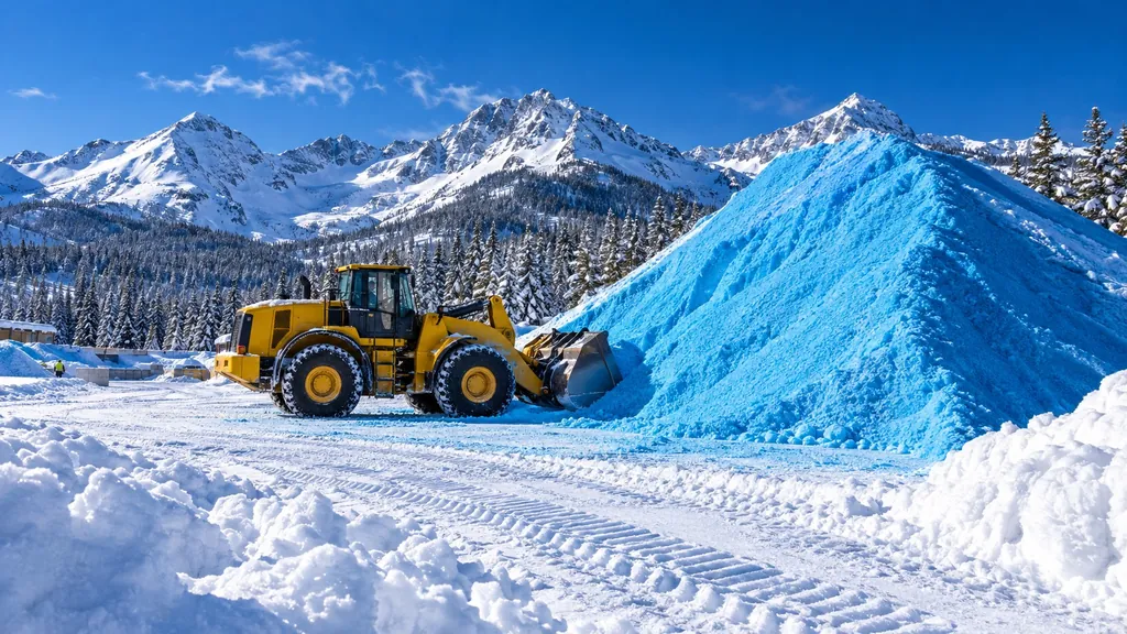 Loader working a blue salt pile under snowy peaks on a clear morning