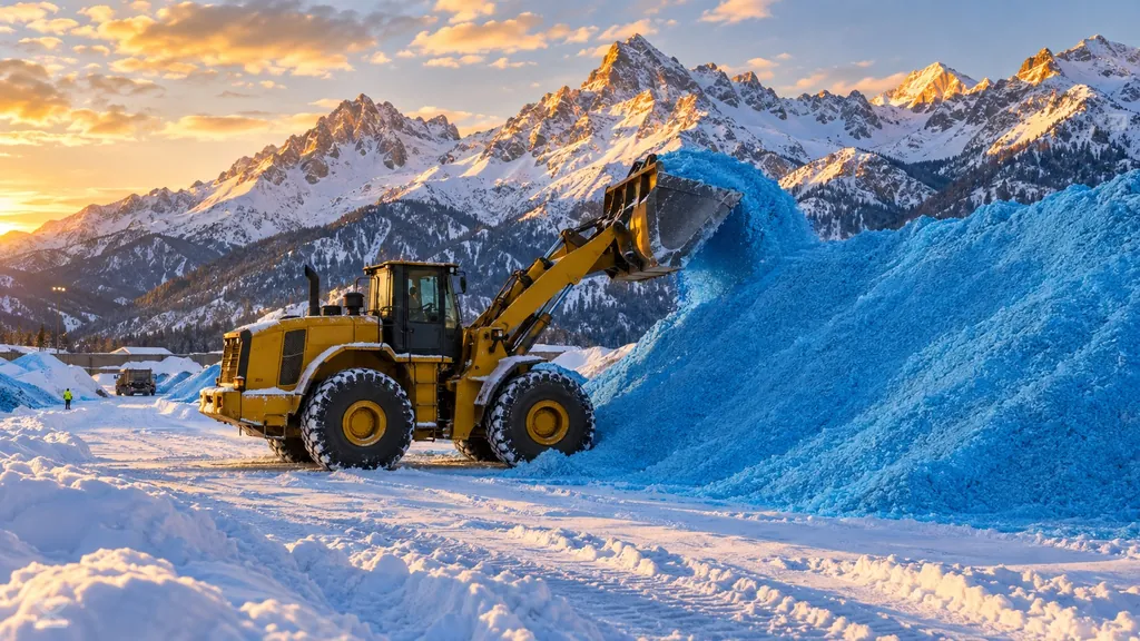 Loader lifting blue treated salt at golden hour below snowy mountains