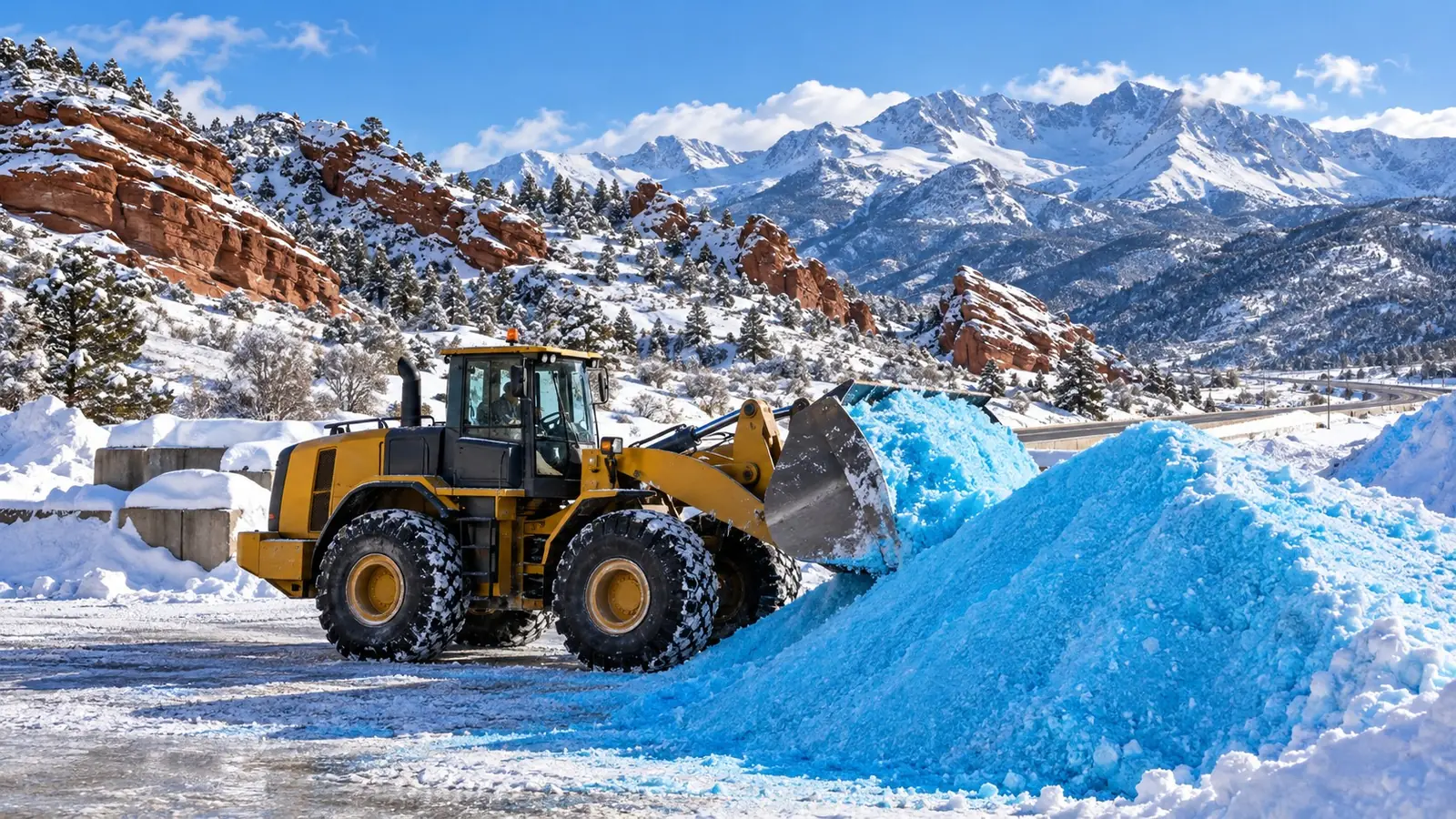 Yellow wheel loader pushing a tall pile of blue treated salt below red rock formations and snowy Rocky Mountain peaks